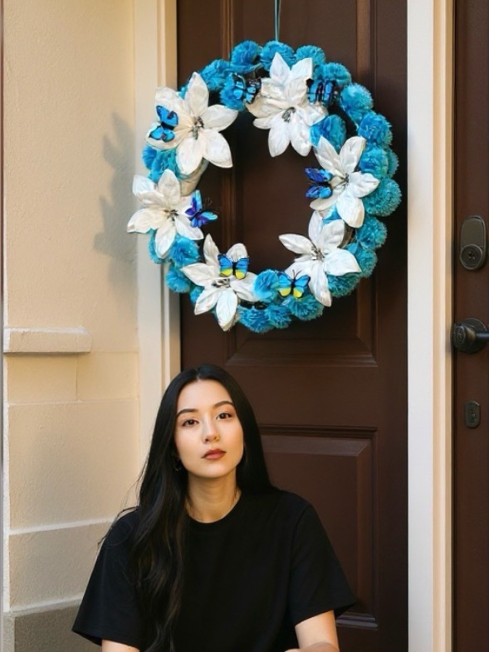 Blue & White Holiday Wreath with Butterfly Accents Hand Crafted - Picture 4 of 16